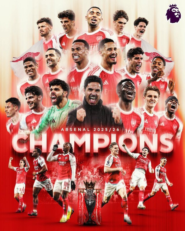 Premier League graphic featuring Arsenal players in red and white kits above text reading "ARSENAL 2025/26 CHAMPIONS," with the Premier League logo and a trophy illustration.