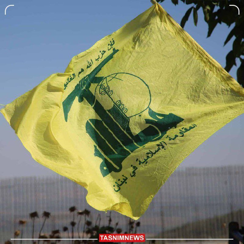 A yellow flag featuring a green emblem of a fist holding a rifle encircled by a dome design flutters against a hazy sky.