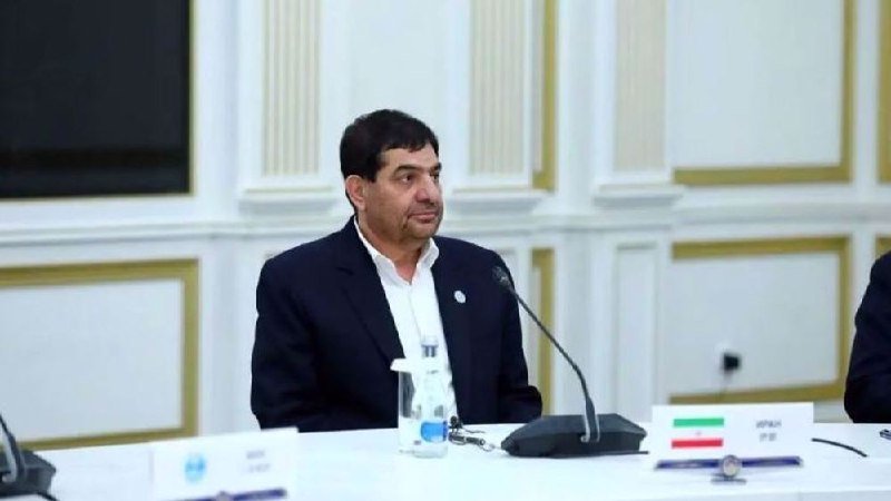 A man in a dark suit sits at a conference table with a microphone and an Iranian flag placard in a formal paneled room.