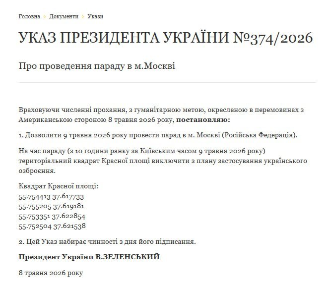 A Ukrainian presidential decree, dated May 8, 2026, authorizes a parade in Moscow's Red Square on May 9, 2026, with specified coordinates, signed by President Zelensky.