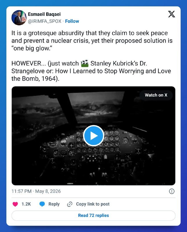 A screenshot of an X post by Esmaeil Baqaei dated May 8, 2026, featuring text commentary and an embedded video clip showing a black-and-white scene from inside an aircraft cockpit.