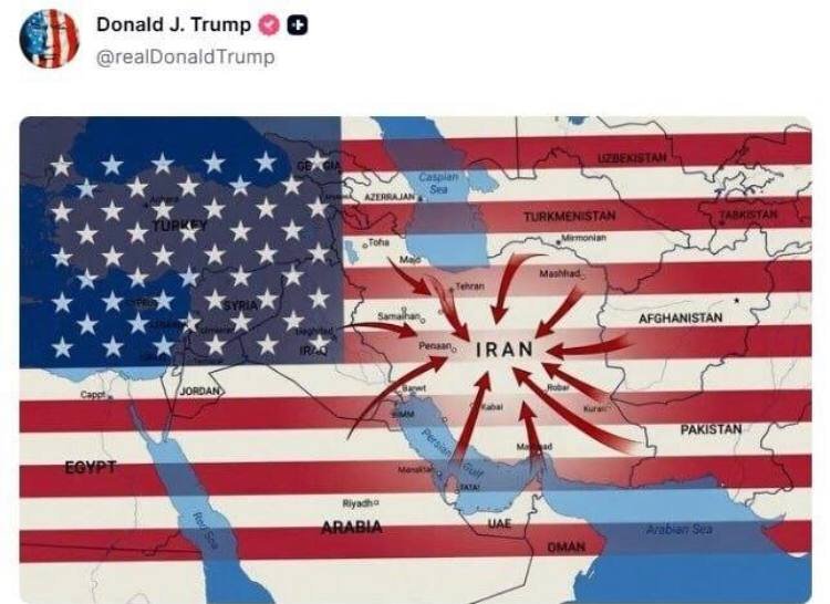 A social media post shows a map overlaid on an American flag, with red arrows pointing from neighboring countries toward Iran.