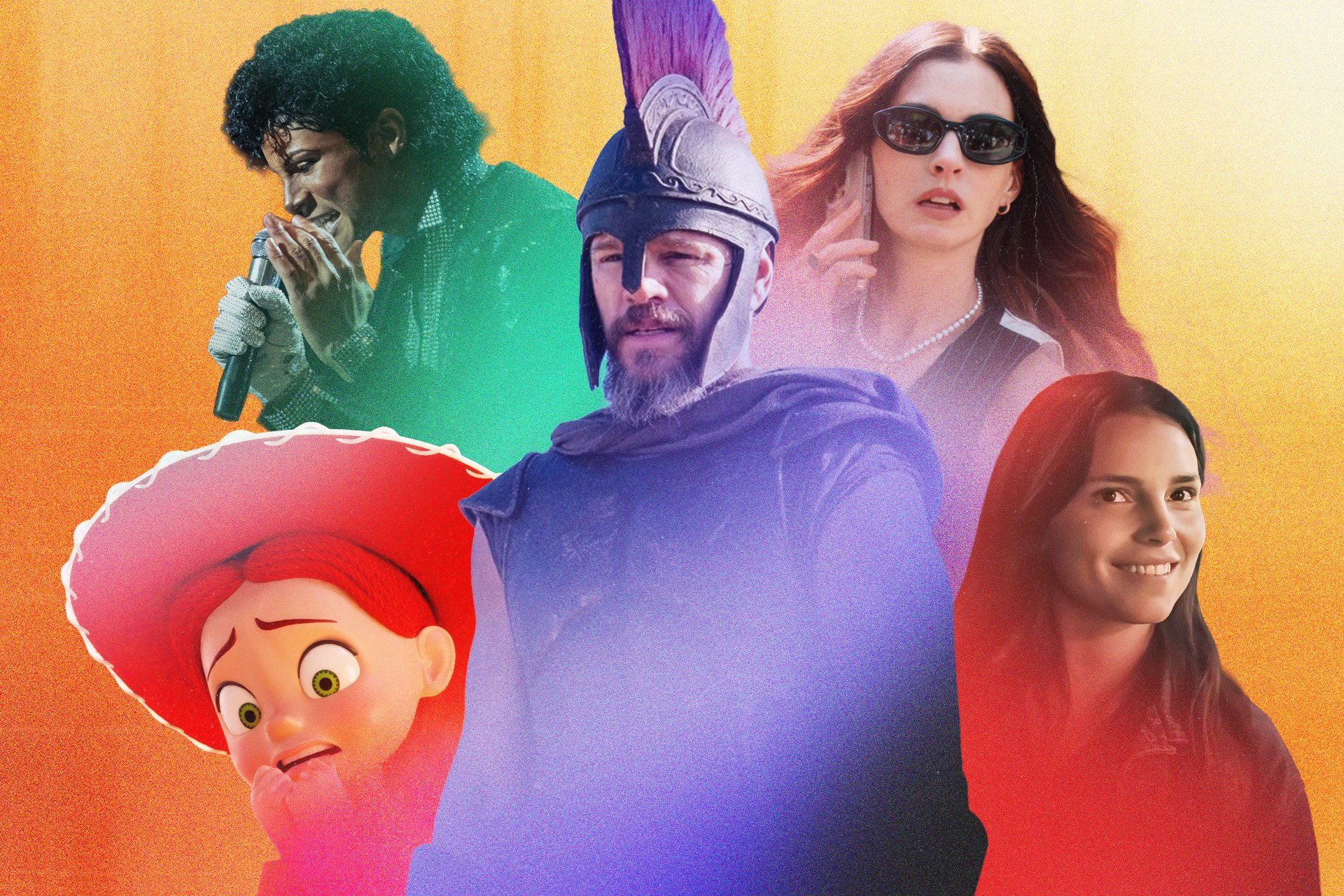 A graphic illustration features five character cutouts—including a singing man with a microphone, a man in a plumed helmet, an animated red-haired girl, and two women—arranged against an orange background.