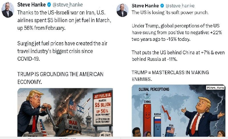 Two tweets from Steve Hanke (@steve_hanke) are displayed side by side, each containing political commentary text and a caricature illustration of Donald Trump alongside bold caption phrases.