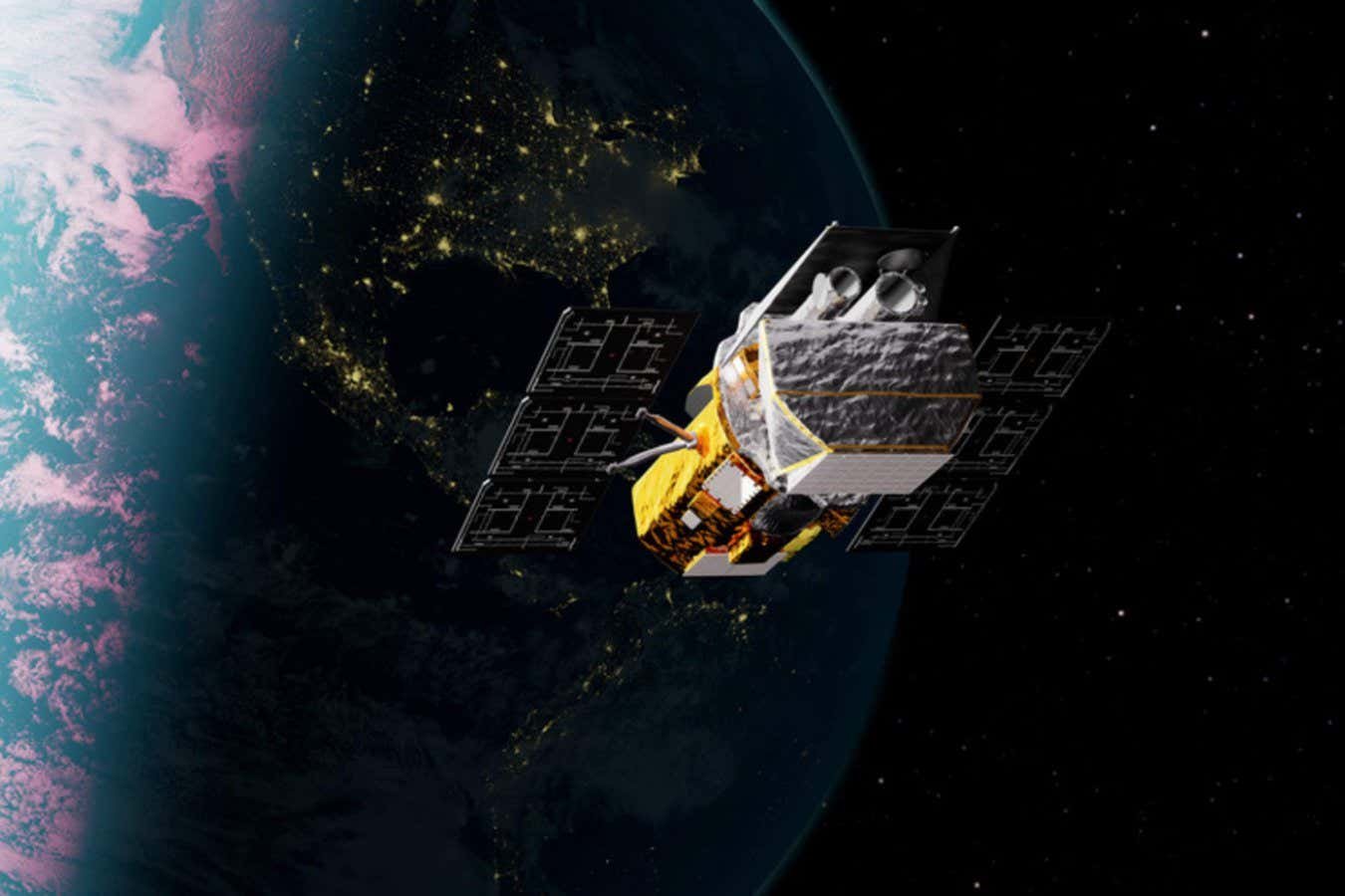 Digital illustration of a satellite with extended solar panels orbiting Earth at night, with glowing city lights visible on the planet's surface below.