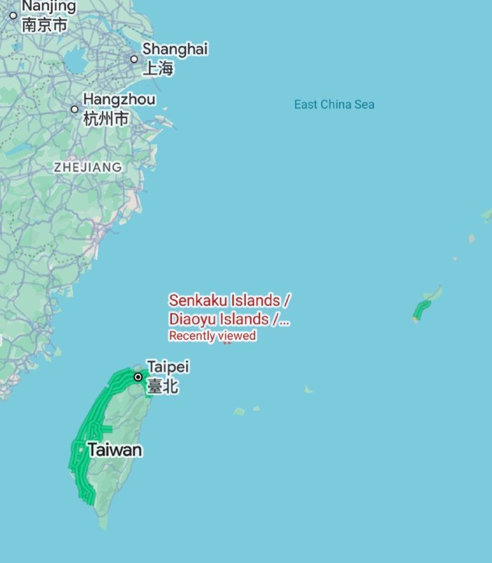 Digital map showing the East China Sea region with labels for Nanjing, Shanghai, Hangzhou, Zhejiang, Taiwan, Taipei, and the Senkaku/Diaoyu Islands, the latter marked "Recently viewed."