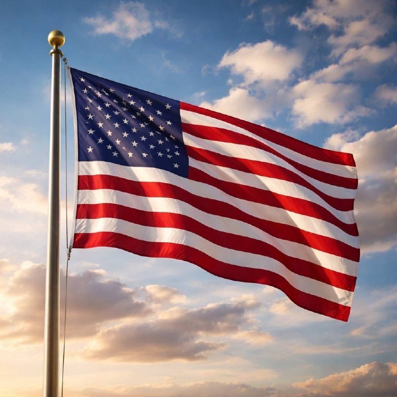 The American flag waves from a flagpole against a partly cloudy sky at sunset.
