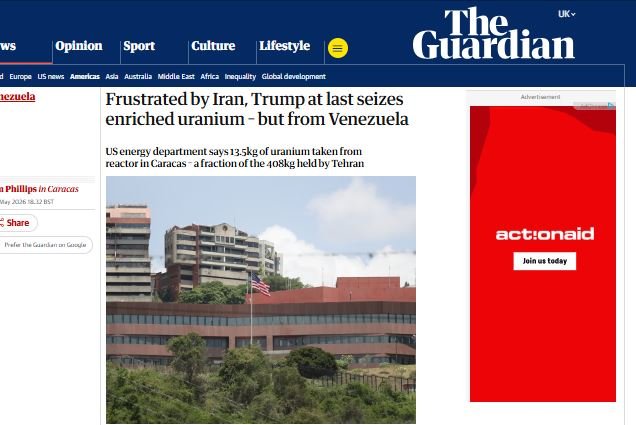 A Guardian UK webpage displays a headline about Iran and Venezuela alongside a red ActionAid advertisement and a photo of a building flying an American flag.