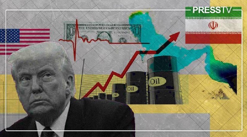A Press TV graphic features a man's portrait, a US flag, a dollar bill, oil barrels, an upward arrow, and an Iranian flag over a map.