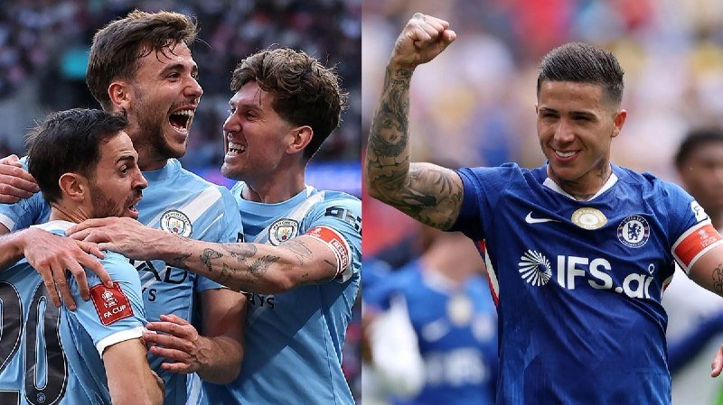 Side-by-side image of soccer players in light blue and dark blue jerseys celebrating, with one player on the right raising a tattooed fist amid a blurred stadium crowd.