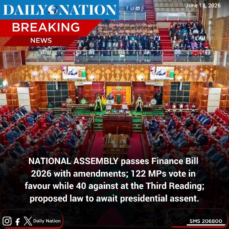 Daily Nation news graphic shows the National Assembly chamber filled with seated members as a Finance Bill 2026 is passed.