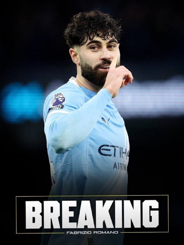 A bearded soccer player in a light blue Manchester City jersey touches his face, with a "BREAKING - FABRIZIO ROMANO" graphic at the bottom.