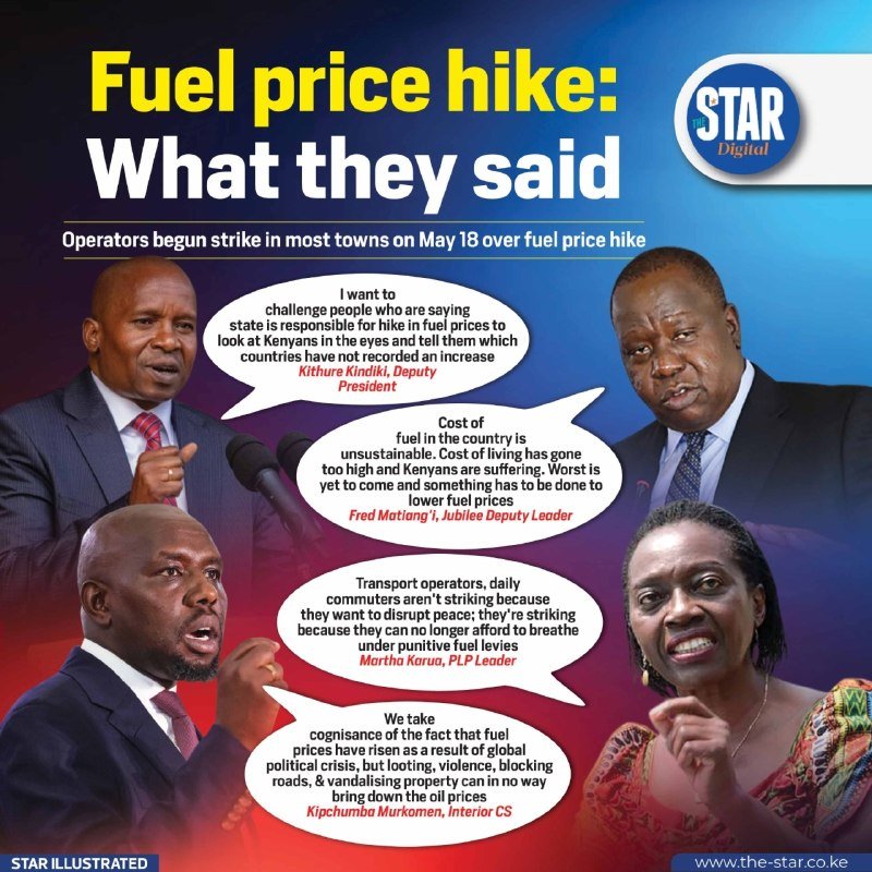 A Star Digital graphic displays four photographs of public figures with speech bubbles containing their quoted statements regarding a fuel price hike and transport strike.