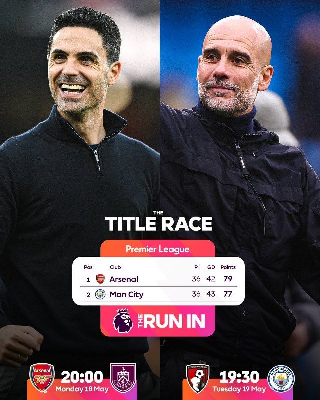 A split graphic shows two men beside a "Premier League Title Race" standings table listing Arsenal and Manchester City, with upcoming match times displayed below.