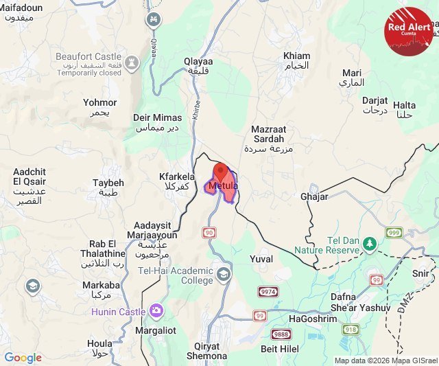 A digital map shows Metula marked with a red location pin, surrounded by labeled Lebanese and Israeli towns, roads, and the "Red Alert" logo in the upper right corner.