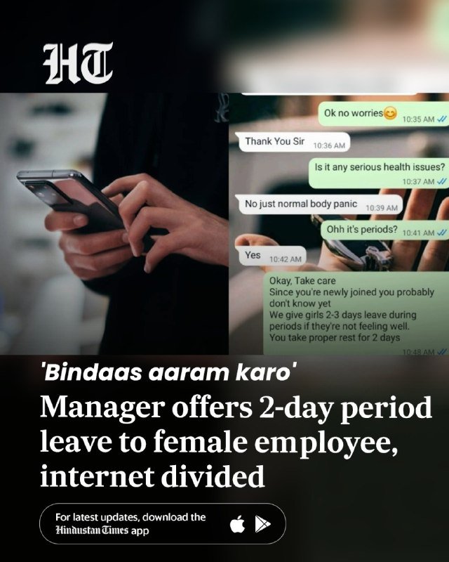 A news graphic shows a person holding a smartphone, overlaid with a WhatsApp chat screenshot granting period leave, captioned "'Bindaas aaram karo' Manager offers 2-day period leave to female employee, internet divided."