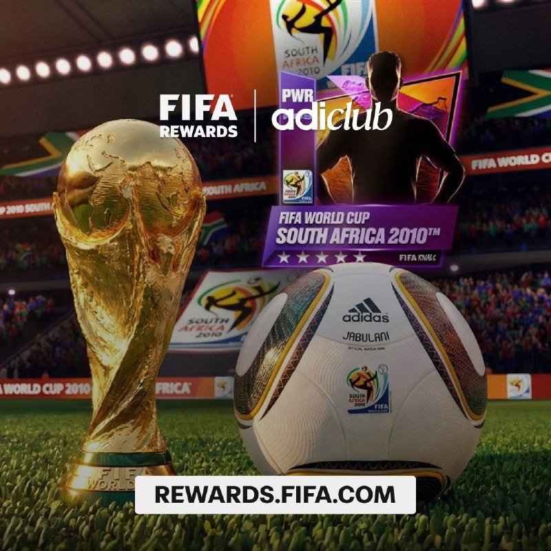 A promotional graphic displays the FIFA World Cup trophy, an Adidas Jabulani match ball, and a FIFA World Cup South Africa 2010 trading card with "FIFA REWARDS adiclub" and "REWARDS.FIFA.COM" overlaid in text.