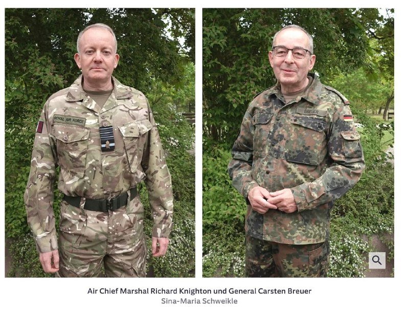 Side-by-side photo shows two men in military camouflage uniforms standing outdoors in front of green foliage, with a caption identifying them as Air Chief Marshal Richard Knighton and General Carsten Breuer.