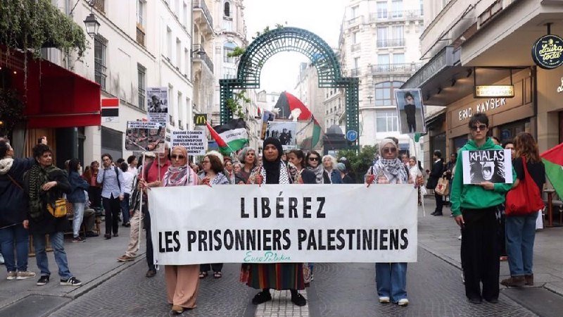 Demonstrators march down a European city street holding a banner reading "LIBÉREZ LES PRISONNIERS PALESTINIENS" alongside Palestinian flags and protest posters.