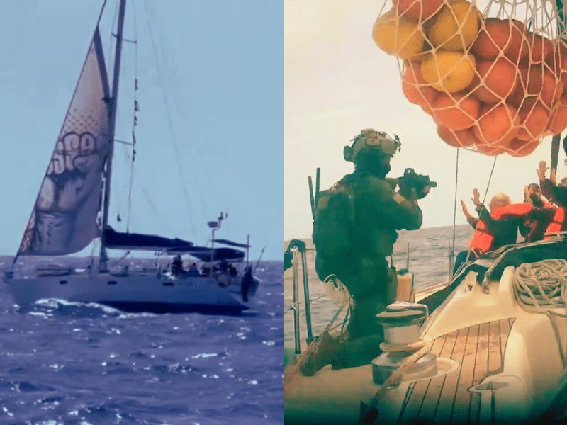 Two side-by-side photos show a sailboat at sea, with the right image depicting armed personnel photographing people in life vests reaching toward an orange-filled cargo net.