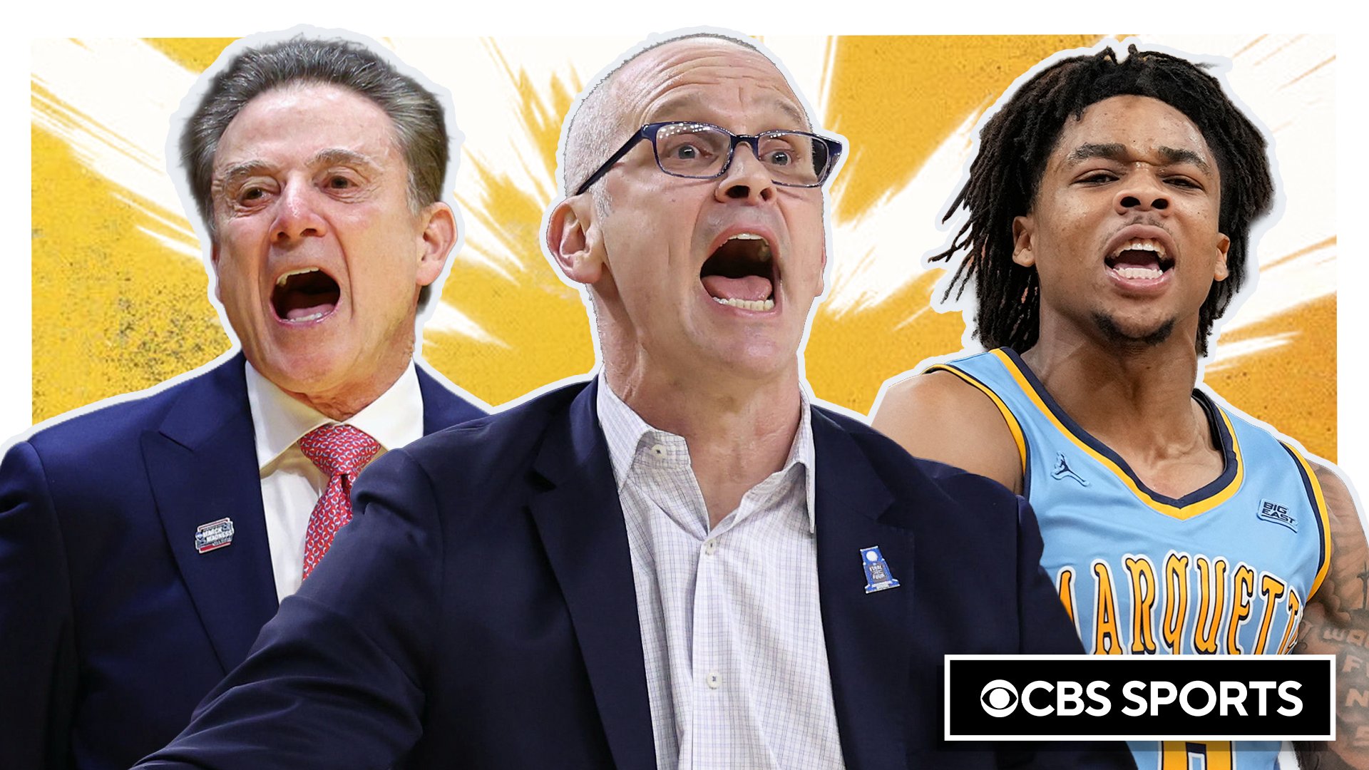 A CBS Sports graphic shows three yelling men—one in a suit with red tie, one in glasses and a navy blazer, and a young player in a light blue "Marquette" basketball jersey—against a yellow starburst background.