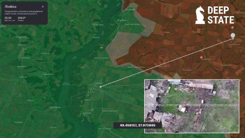 A DeepState map displays a satellite view with a green-to-red territorial gradient, featuring an inset aerial photo linked to coordinates 49.456157, 37.970585.