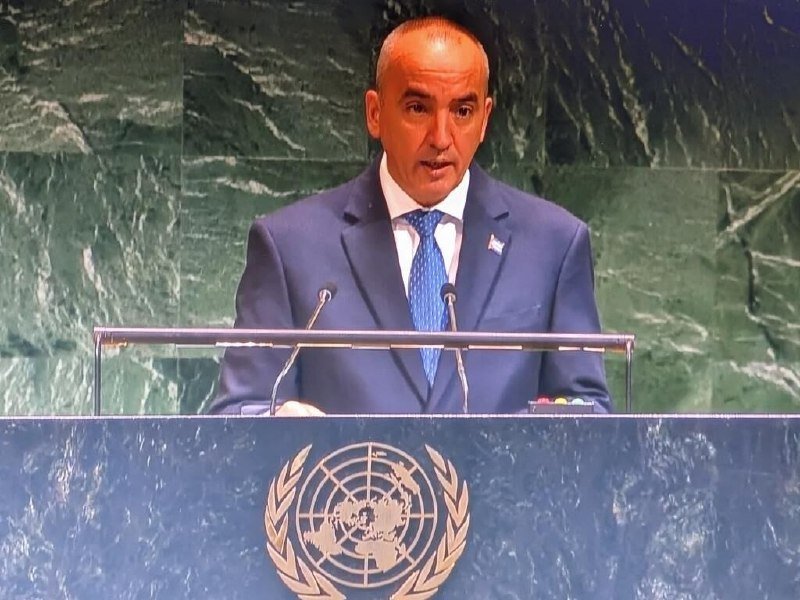 A man in a blue suit speaks at a podium bearing the United Nations emblem, set against a green marble backdrop.