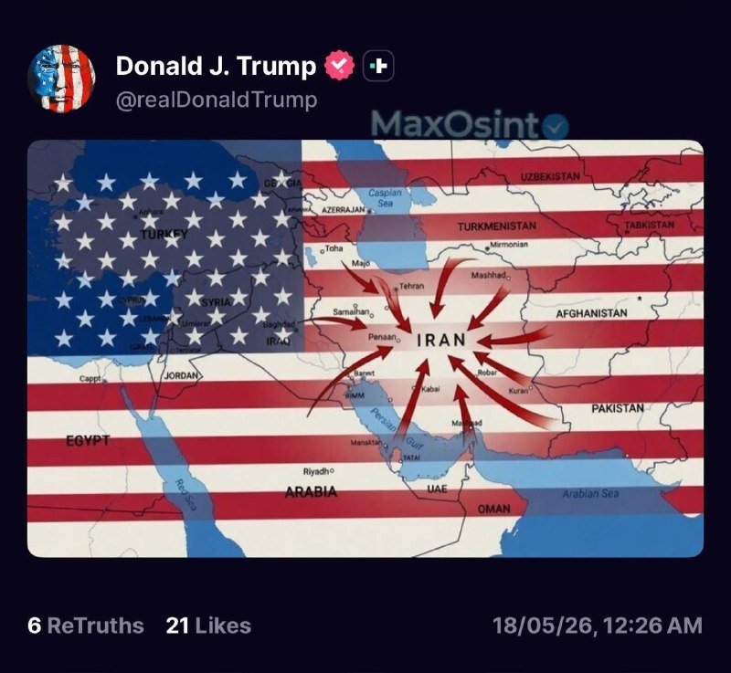 A social media post by Donald J. Trump (@realDonaldTrump) shows a map of the Middle East overlaid with an American flag, featuring red arrows pointing toward Iran from neighboring countries.