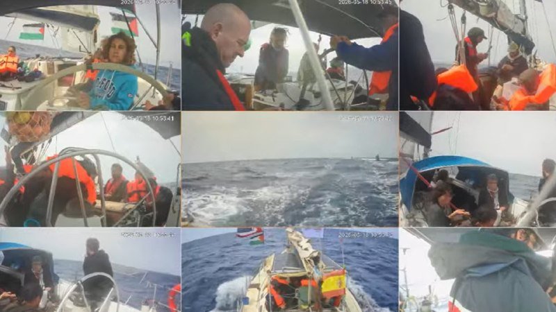 A nine-panel composite shows people in life vests aboard sailboats navigating choppy open water, with timestamps visible in several frames.