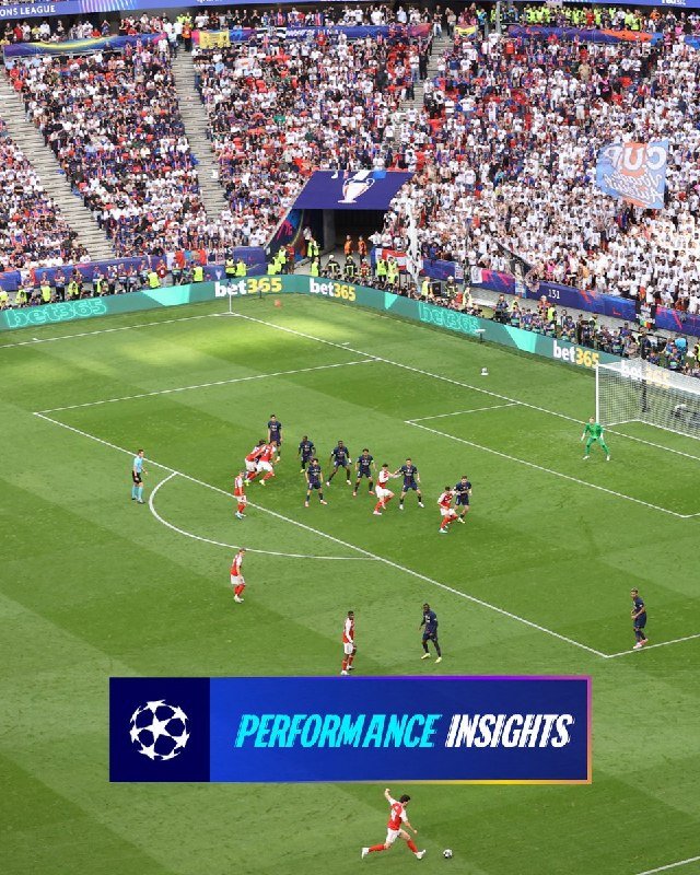 Soccer players gather near the penalty area during a match in a packed stadium, with a "PERFORMANCE INSIGHTS" graphic overlaid on the field.