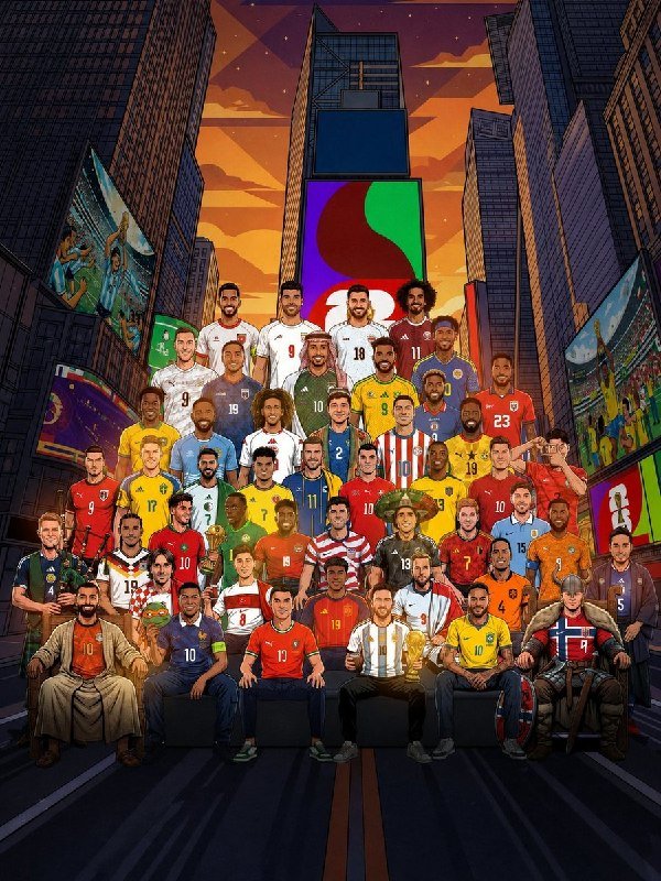 An illustrated group portrait depicts numerous soccer players in various national team jerseys posed together on a city street, with a large stylized trophy logo displayed on a building behind them.