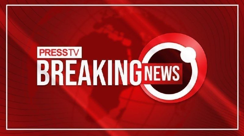 A red graphic displays the white text "PRESS TV" above "BREAKING NEWS," alongside a circular red and white logo, framed by a white border.