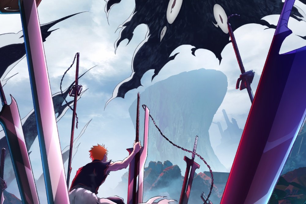 This is an anime illustration showing a red-haired character reaching up toward a large, dark, multi-eyed creature hovering above rocky terrain, surrounded by swords impaled in the ground.