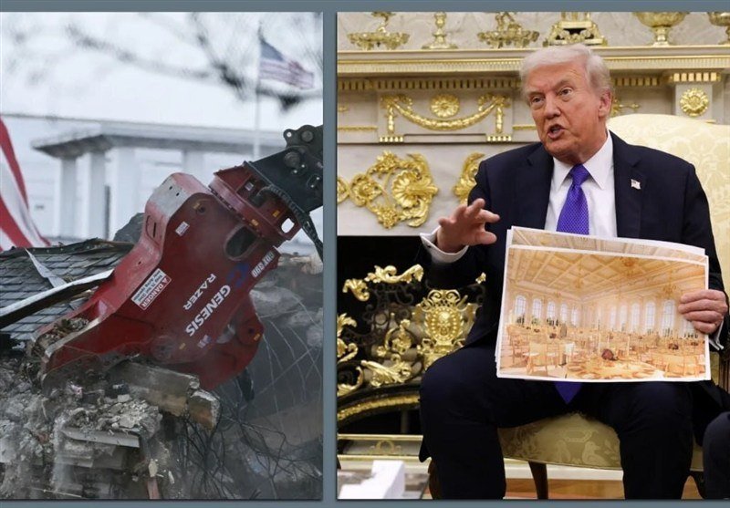 Split image: left shows a damaged red crane amid debris with an American flag; right shows a man in a dark suit holding an interior architectural rendering.