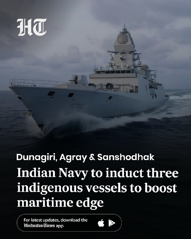 A graphic displays a gray warship marked "F36" cutting through ocean waves under cloudy skies, with "HT" logo in the top-left corner and a news headline about the Indian Navy below.