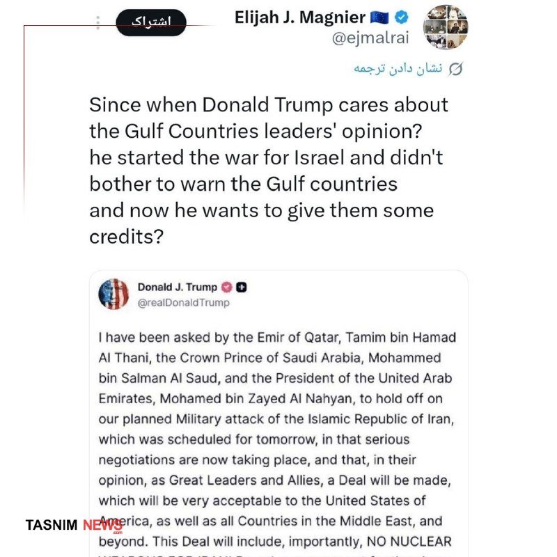 A social media post by user @ejmalrai quotes a tweet from @realDonaldTrump about holding off a planned military attack on Iran.