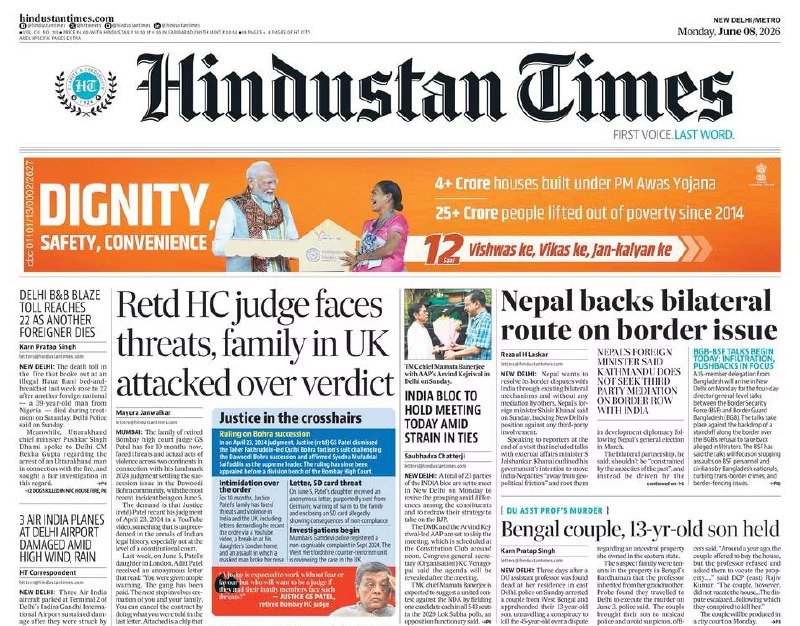 Newspaper front page of "The Sunday Indian" dated Monday, June 08, 2026, displaying multiple headlines and three color photographs above news articles.