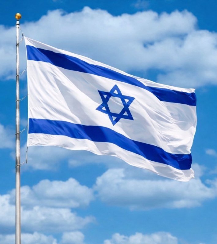 The flag of Israel, featuring a blue Star of David between two horizontal blue stripes on a white background, waves on a metal flagpole against a blue sky with white clouds.