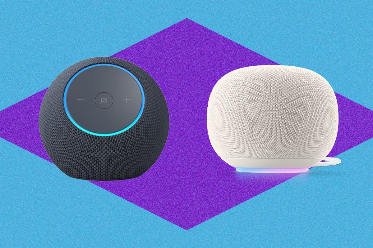 Two mesh-covered smart speakers — one black with a glowing blue ring and top buttons, one white rounded — sit against a blue and purple graphic background.