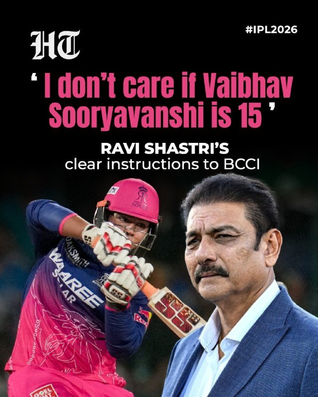 A graphic shows a cricket batsman in a pink Rajasthan Royals uniform mid-swing beside a man in a blue suit, with overlaid text quoting a comment about Vaibhav Sooryavanshi under the hashtag #IPL2026.