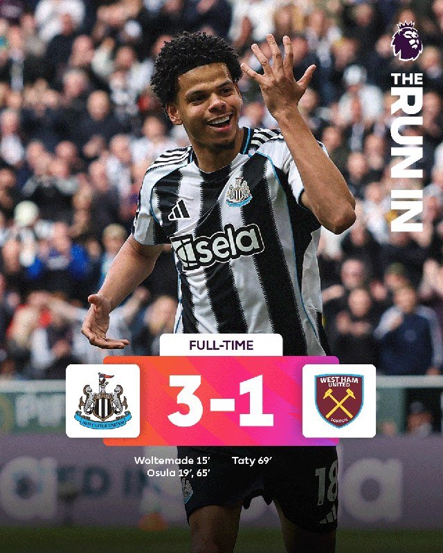 A Newcastle United player in a black-and-white striped "isela" jersey celebrates with a raised hand, alongside a graphic showing a 3-1 full-time result over West Ham United.