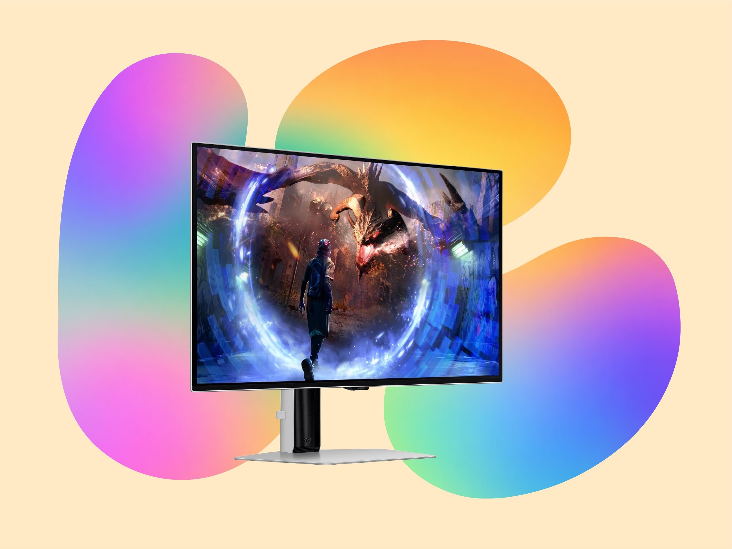 A silver computer monitor displays a fantasy video game scene of a character facing a dragon, set against a cream background with pink, purple, blue, and orange abstract shapes.