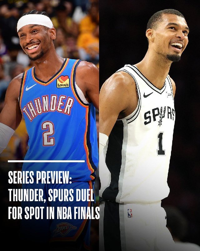 Two smiling basketball players are shown side-by-side in a graphic: one in a blue Thunder jersey (#2) and another in a white Spurs jersey (#1), with text reading "SERIES PREVIEW: THUNDER, SPURS DUEL FOR SPOT IN NBA FINALS."
