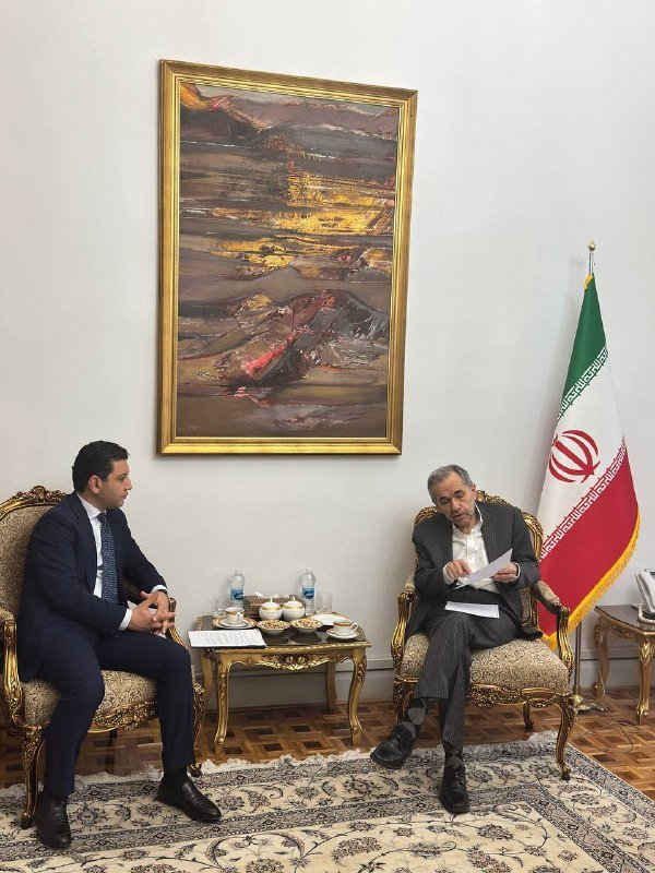 Two men in suits sit in ornate chairs across from each other in a formal room with a large framed painting and an Iranian flag visible in the background.