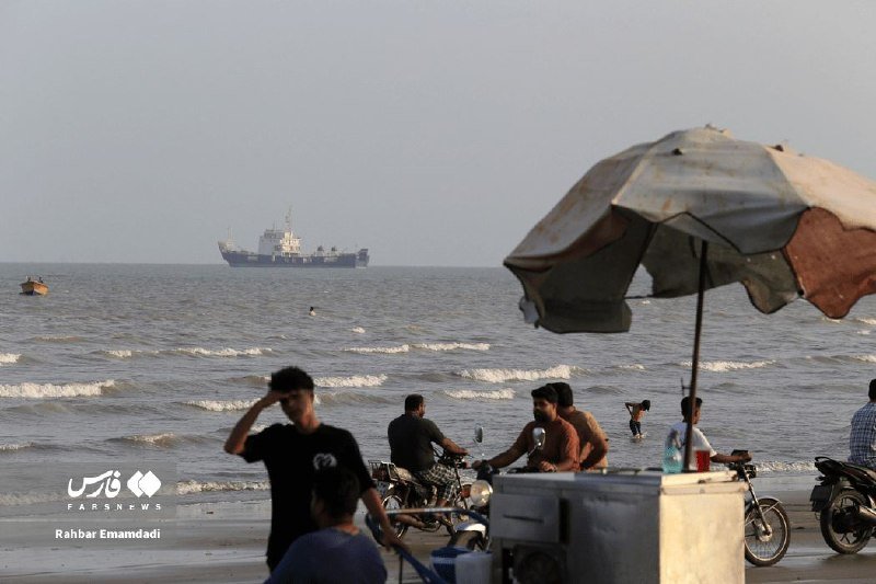 People gather on a sandy beach beside the ocean under a large umbrella, with a cargo ship visible on the horizon.