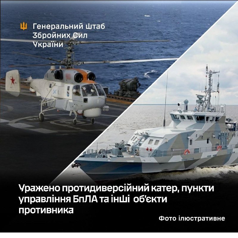 A graphic features a white helicopter on a ship deck and a camouflage-patterned patrol boat on water, with Ukrainian text labeling them as illustrative photos from the General Staff of the Ukrainian Armed Forces.