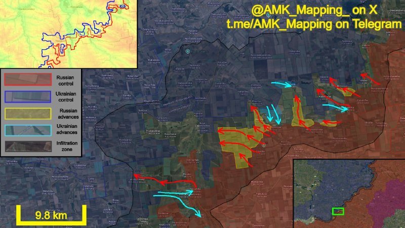 A military mapping graphic by @AMK_Mapping displays colored zones and arrows indicating Russian and Ukrainian control, advances, and infiltration areas across a satellite map region.