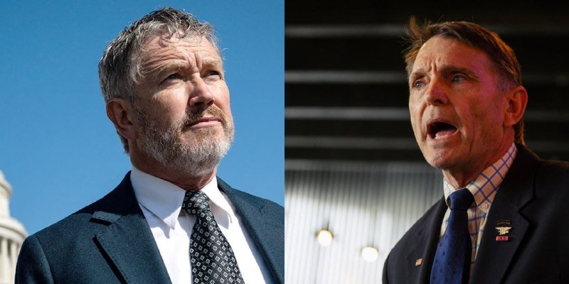 Split image showing two older men in suits and ties, the left against a blue sky, the right speaking indoors near a flag.