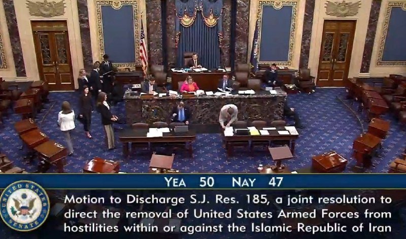 Senate floor with scattered members, a presiding officer, and an on-screen graphic showing a 50-47 vote on a motion to discharge S.J. Res. 185 regarding U.S. Armed Forces and Iran.