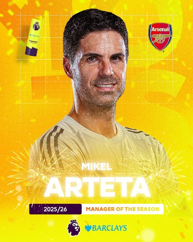 A promotional graphic shows a smiling man in a beige shirt against a yellow background, labeled "MIKEL ARTETA," "2025/26 MANAGER OF THE SEASON," with Premier League and Arsenal logos.